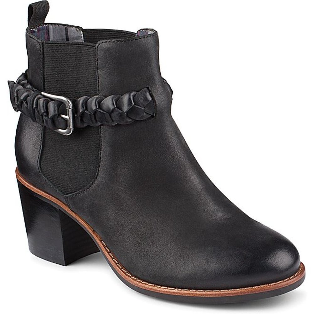 Sperry Liberty Chelsea Boots Braided Leather Strap Booties Black Size 6.5 NEW